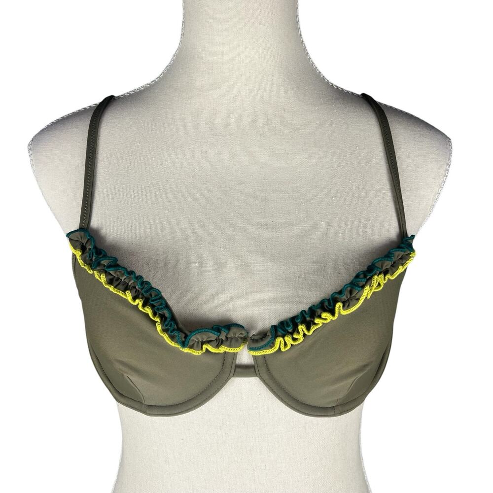 Something Navy Daffodil Ruffle Bikini Top Olive Underwire Swim Medium NWT
